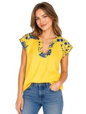 Beth Bowley Embroidered Blue Yellow Cotton Top